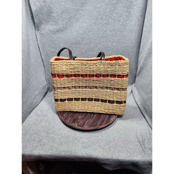 Woven Straw Tote Bag With Floral Accents & Red Lining - Picture 2 of 14